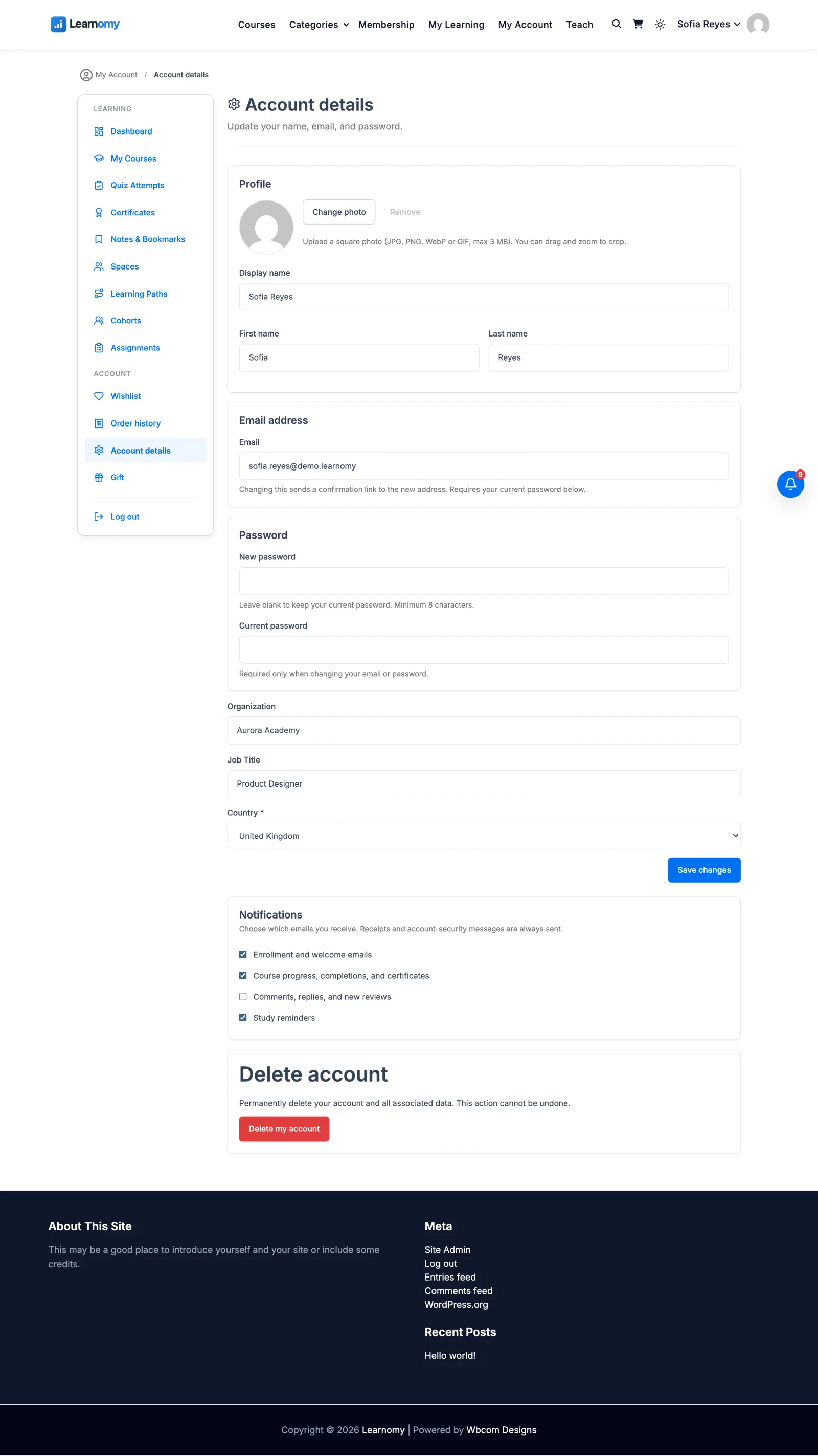 A custom field on the account details page