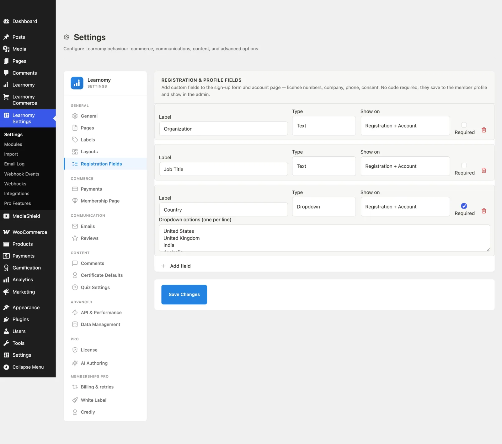 Registration Fields section in Settings