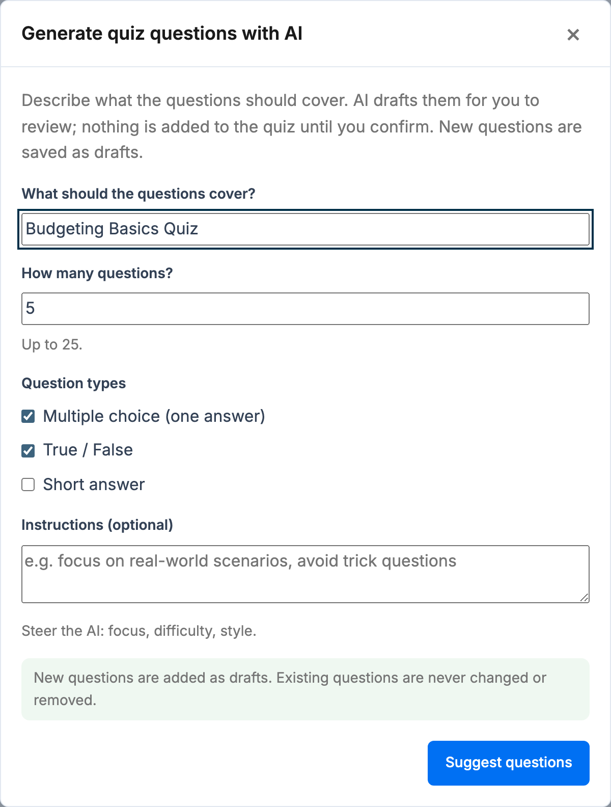 Generate quiz questions with AI