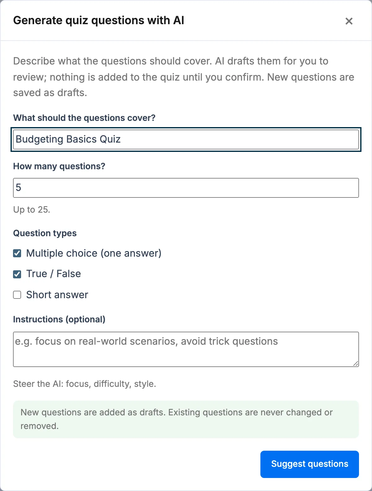 Generate quiz questions with AI