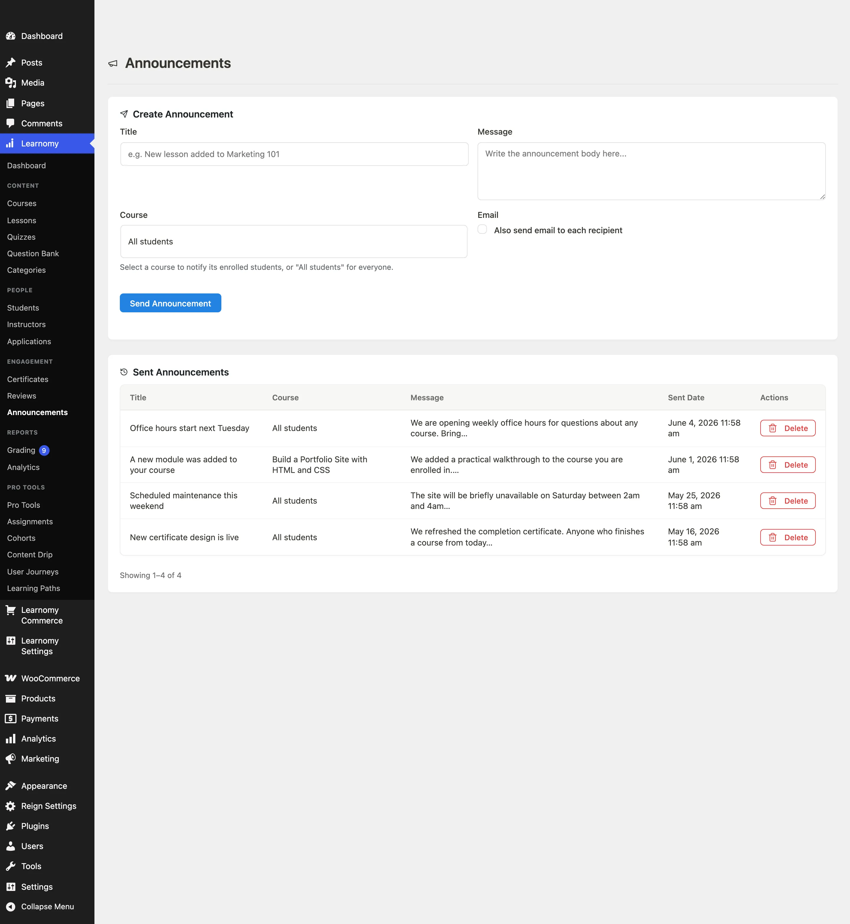 Announcements page