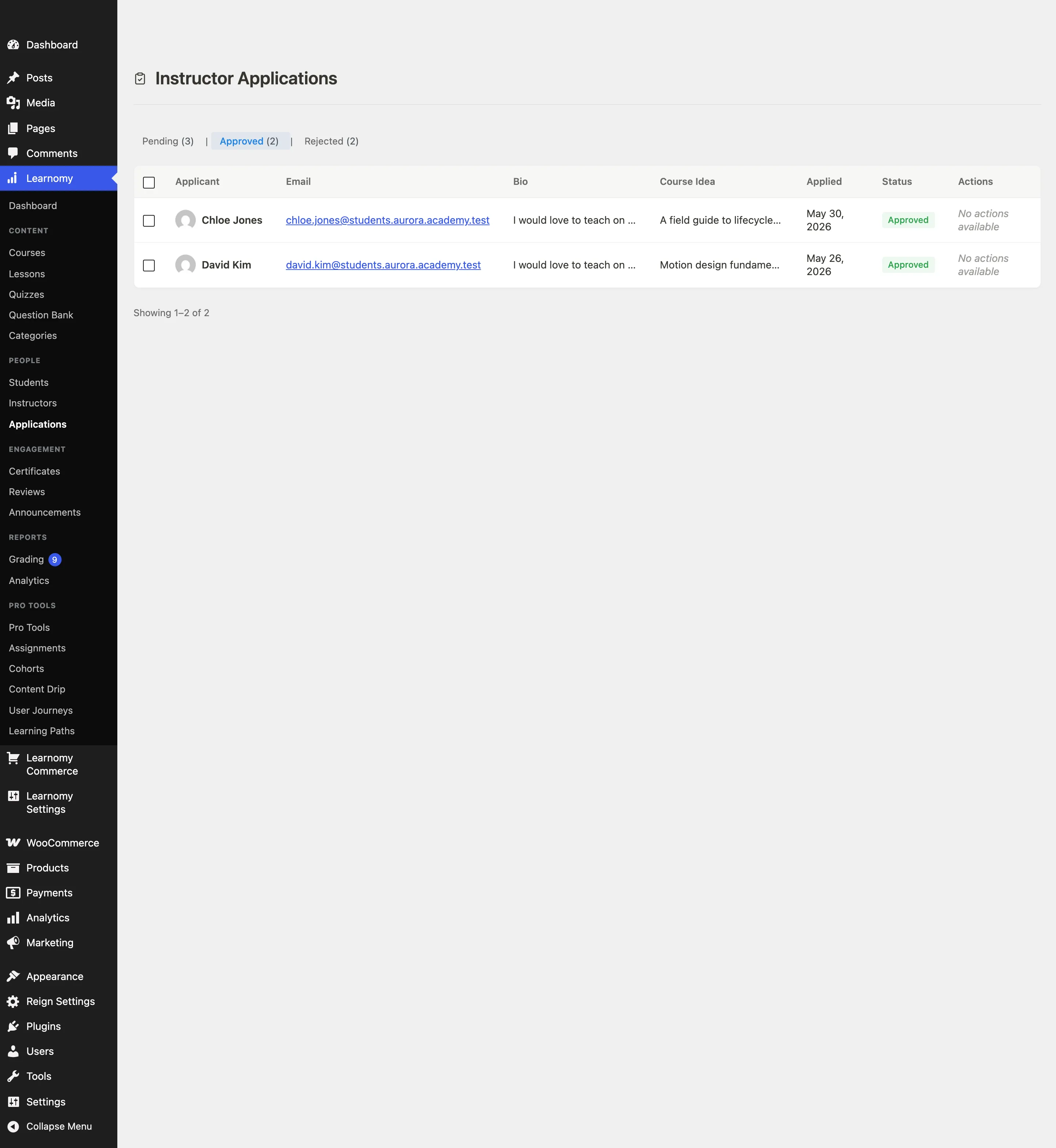 Approved applications view