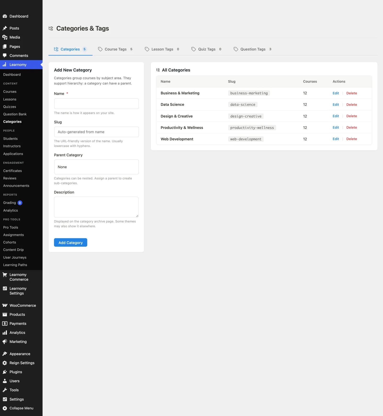 Categories page