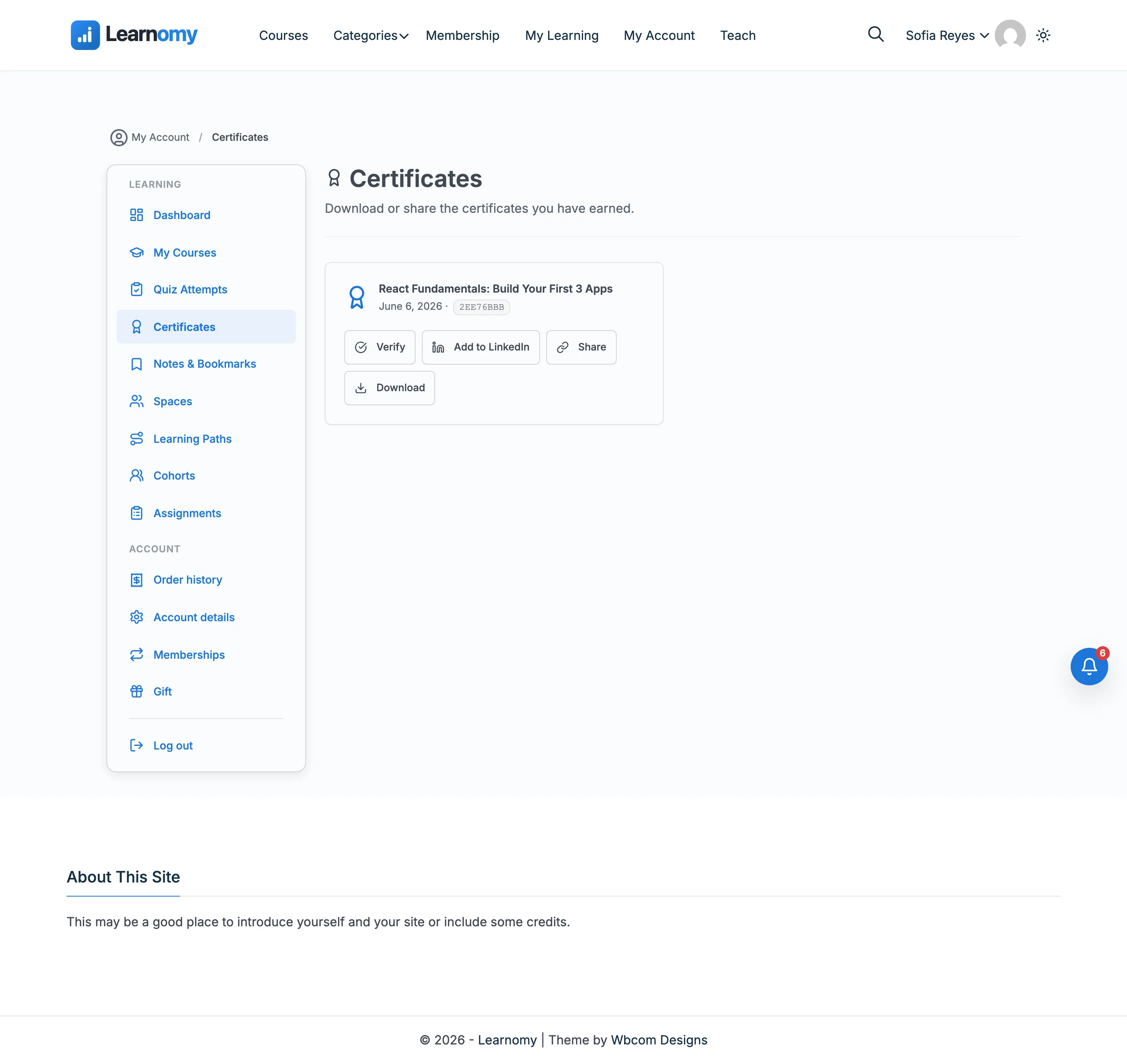 Student certificates page
