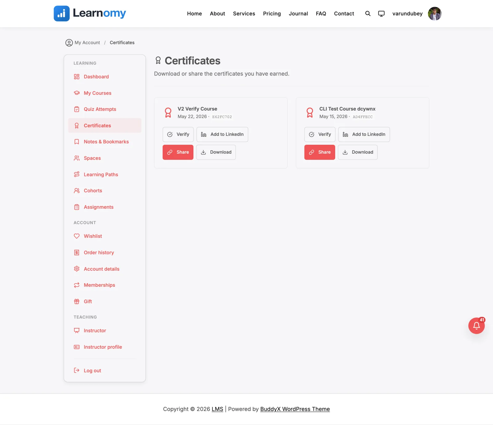 Certificate share actions on the account certificates page
