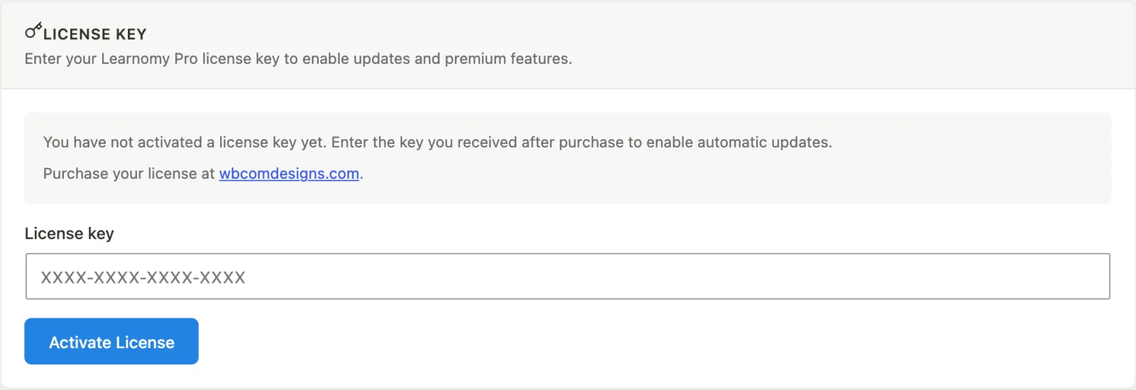 The License card in Learnomy Settings