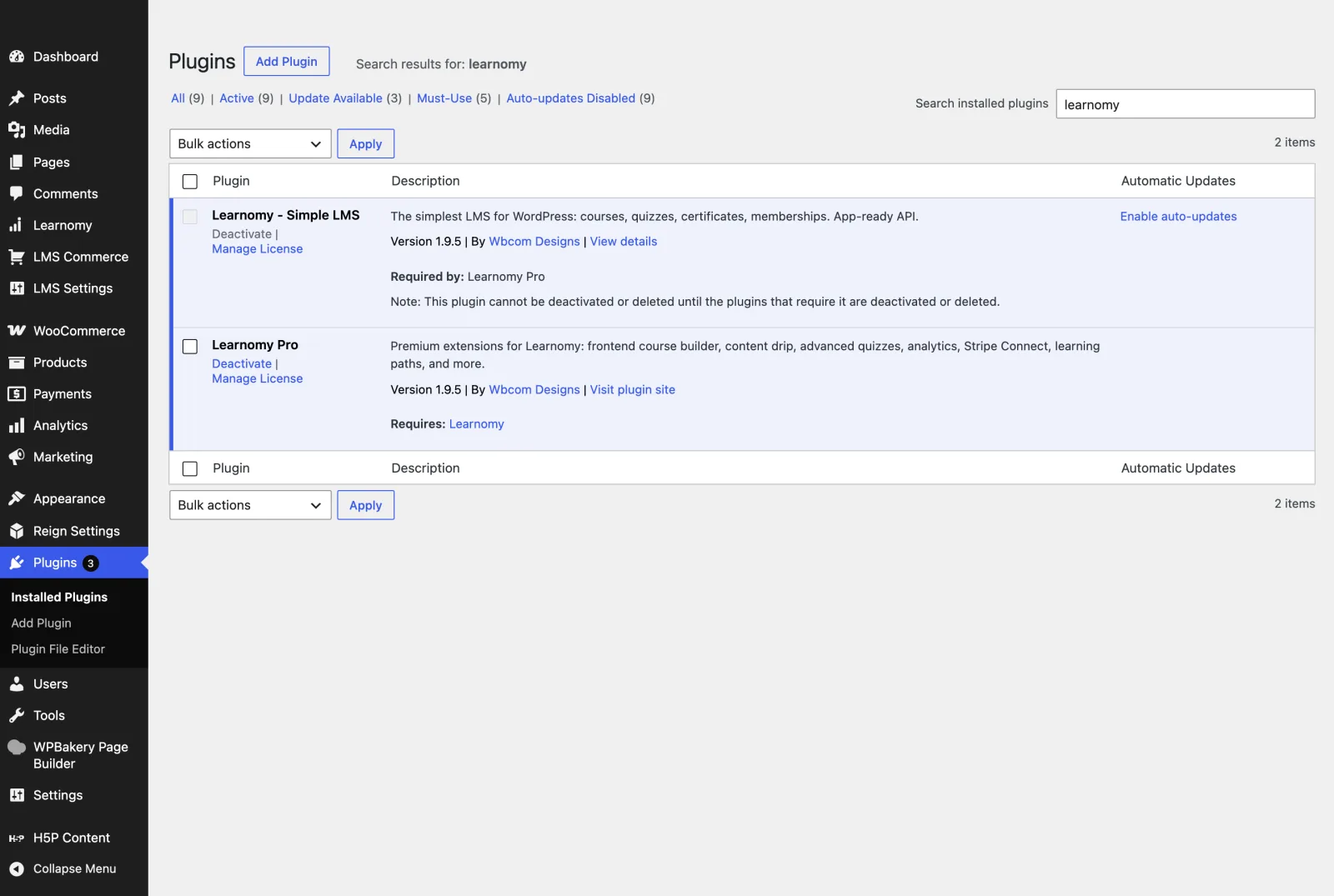 Learnomy active on the WordPress Plugins screen