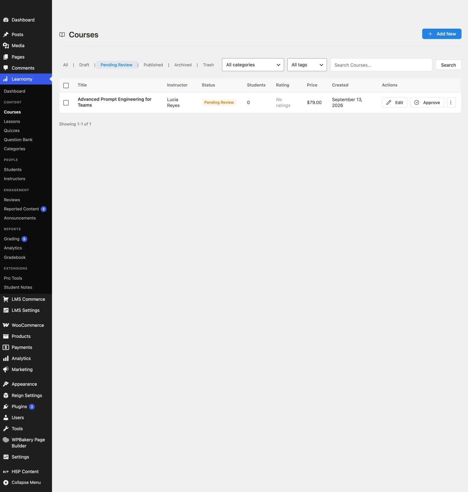 The Courses list filtered to Pending Review