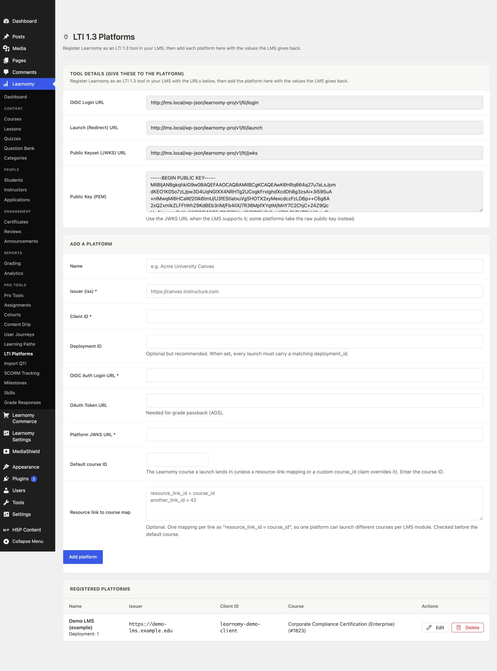 The LTI Platforms screen in wp-admin showing the tool URLs and a registered platform
