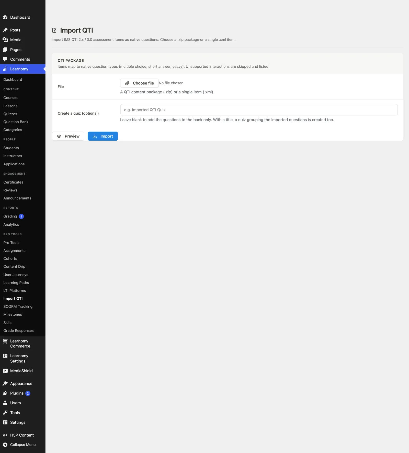 The wp-admin Import QTI screen next to an imported quiz running in the player