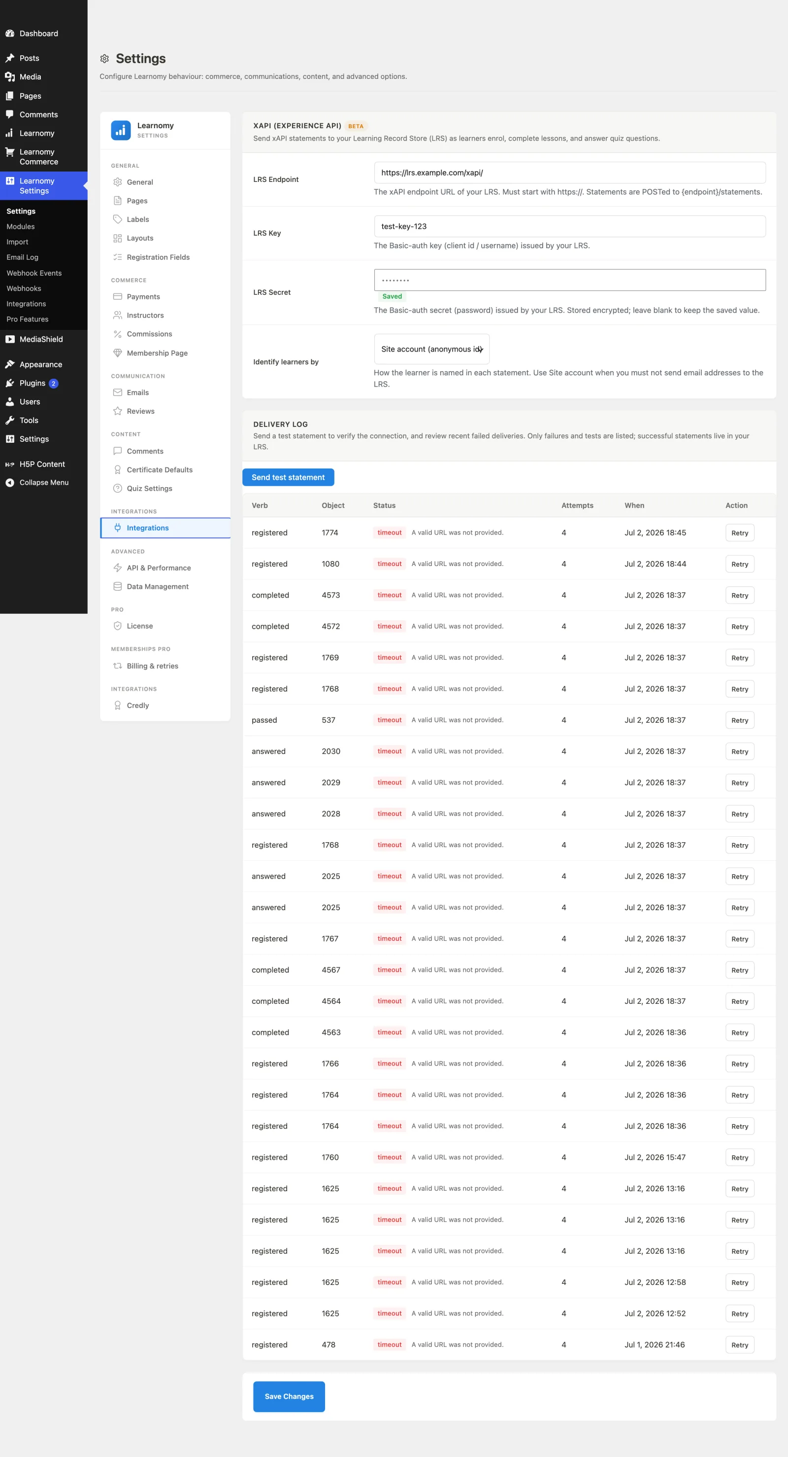 xAPI settings and delivery log in Learnomy Settings > Settings (xAPI panel in the left navigation)