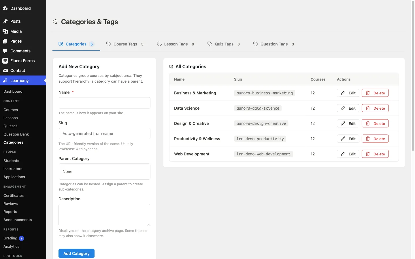 Learnomy course categories