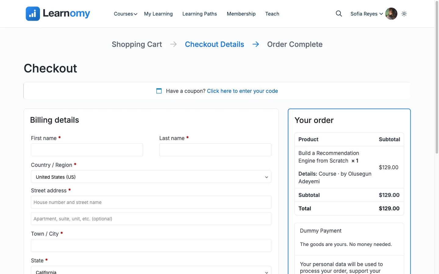 The Learnomy checkout and purchase flow