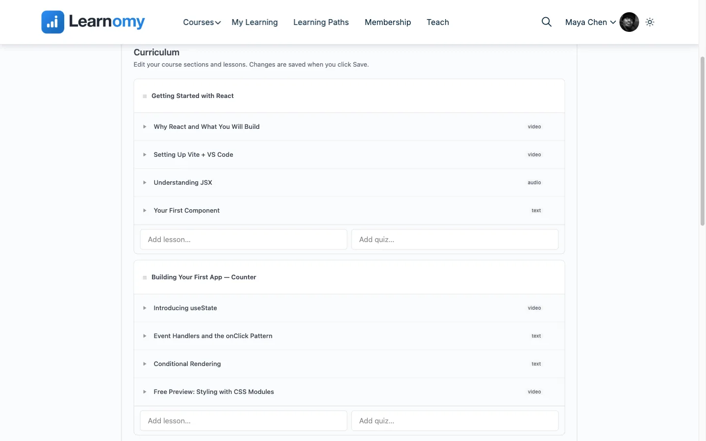 The Learnomy front-end course builder