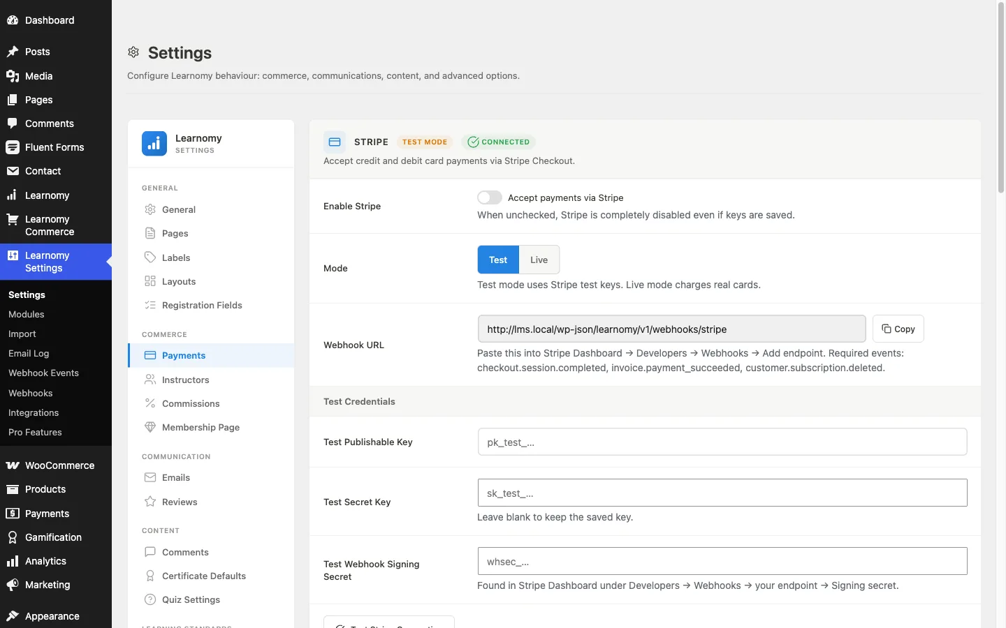 Learnomy payment gateway settings