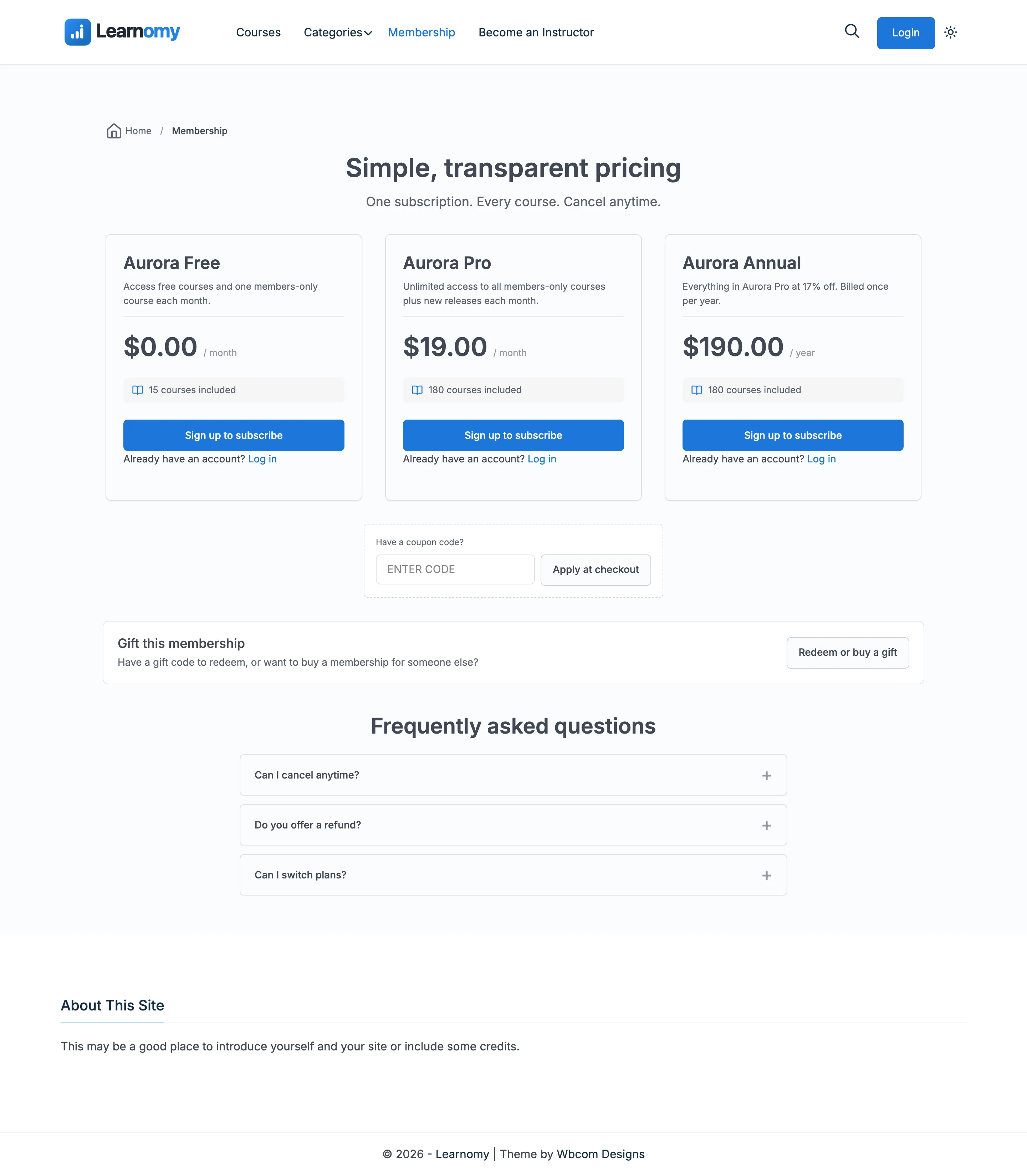 Membership pricing page