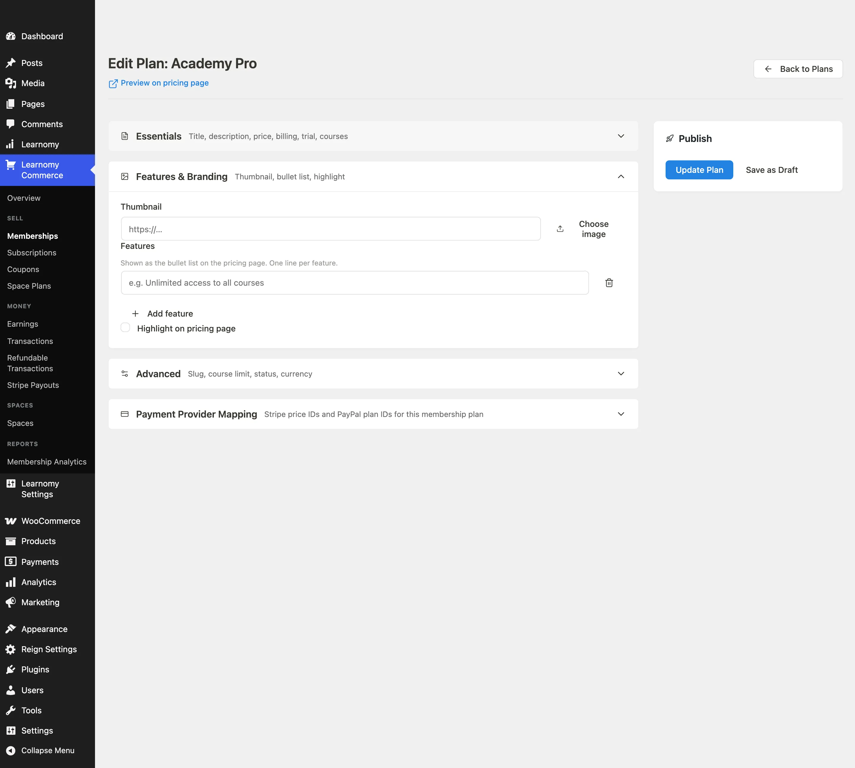 Plan edit screen