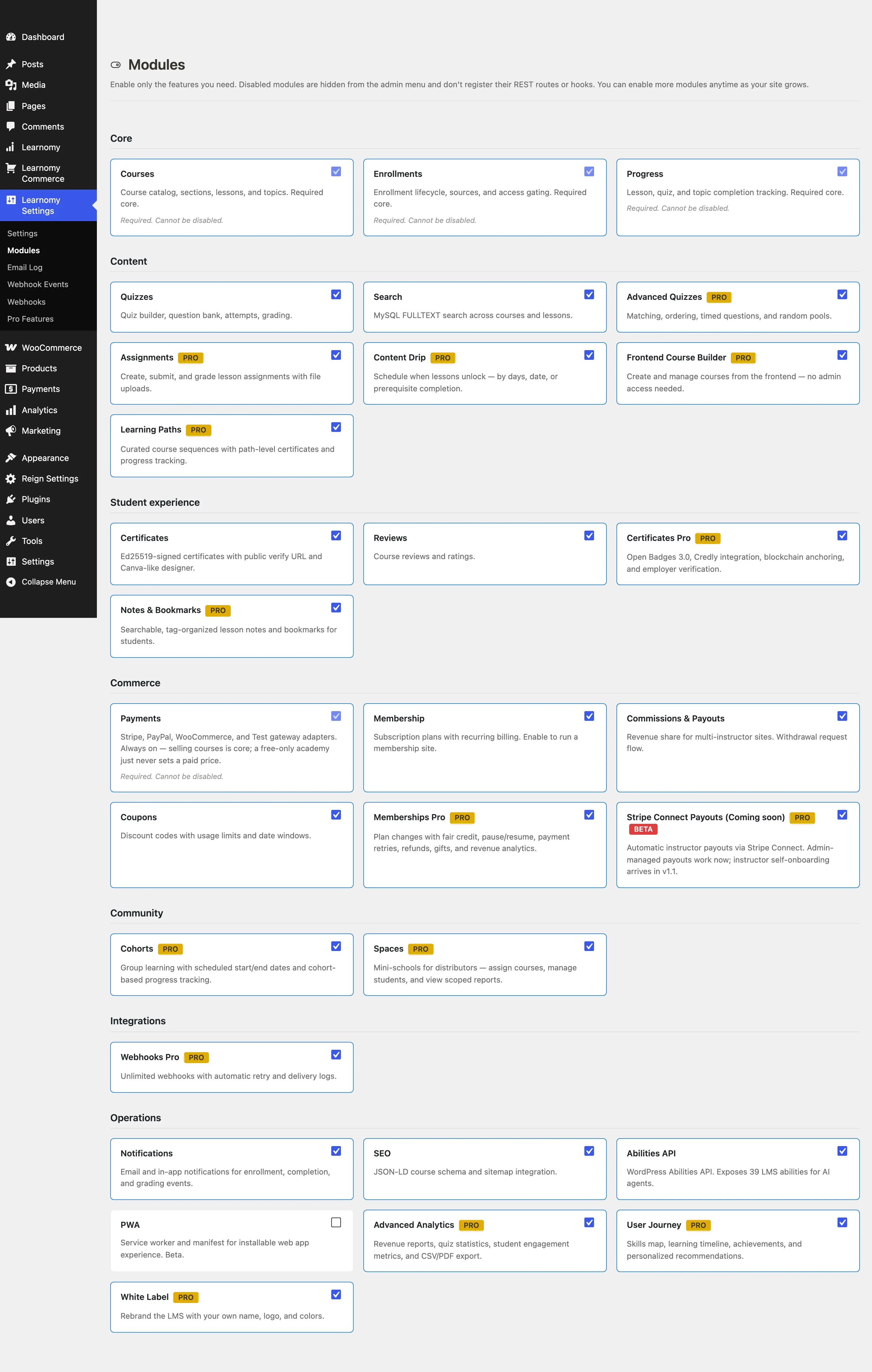 Modules page showing module grid