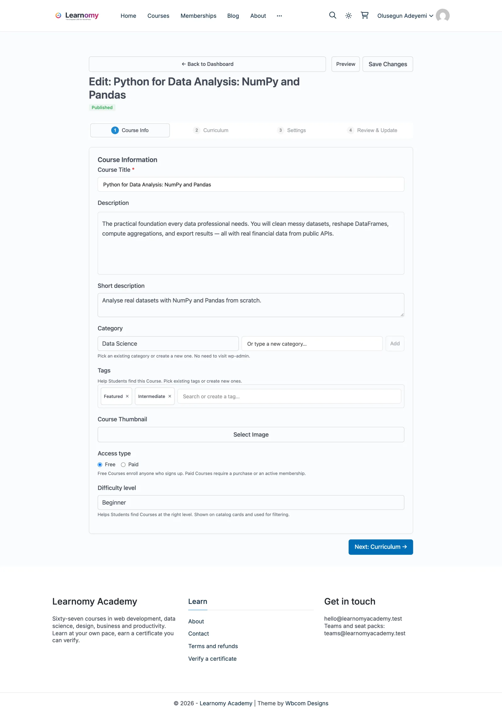 Editing an existing course from the front end