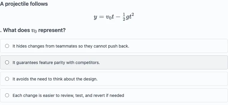 A quiz question with a rendered LaTeX formula in the stem