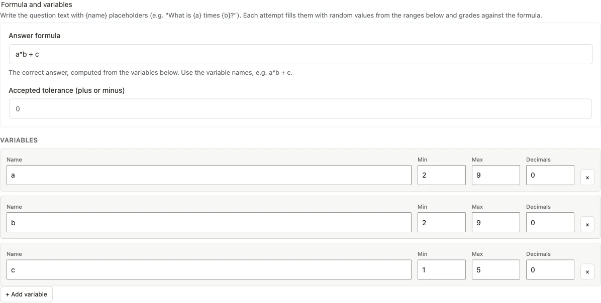 Calculated question setup: an answer formula, a tolerance, and a variable repeater with Name, Min, Max and Decimals