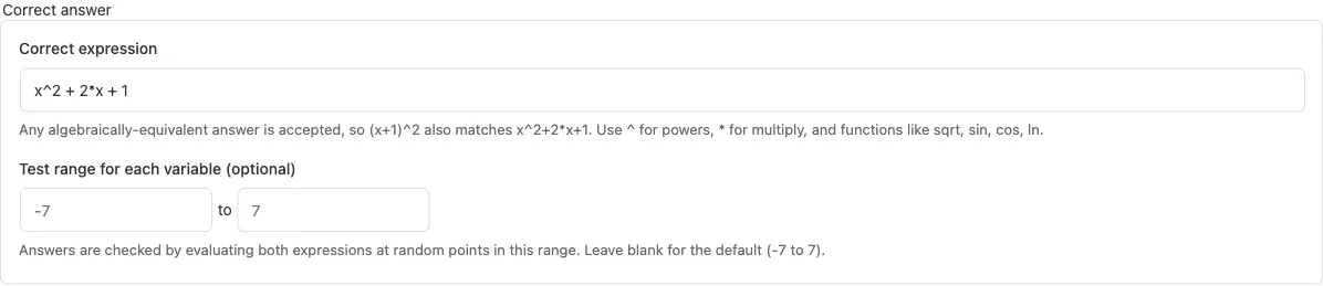 Math expression answer fields: correct expression and an optional test range