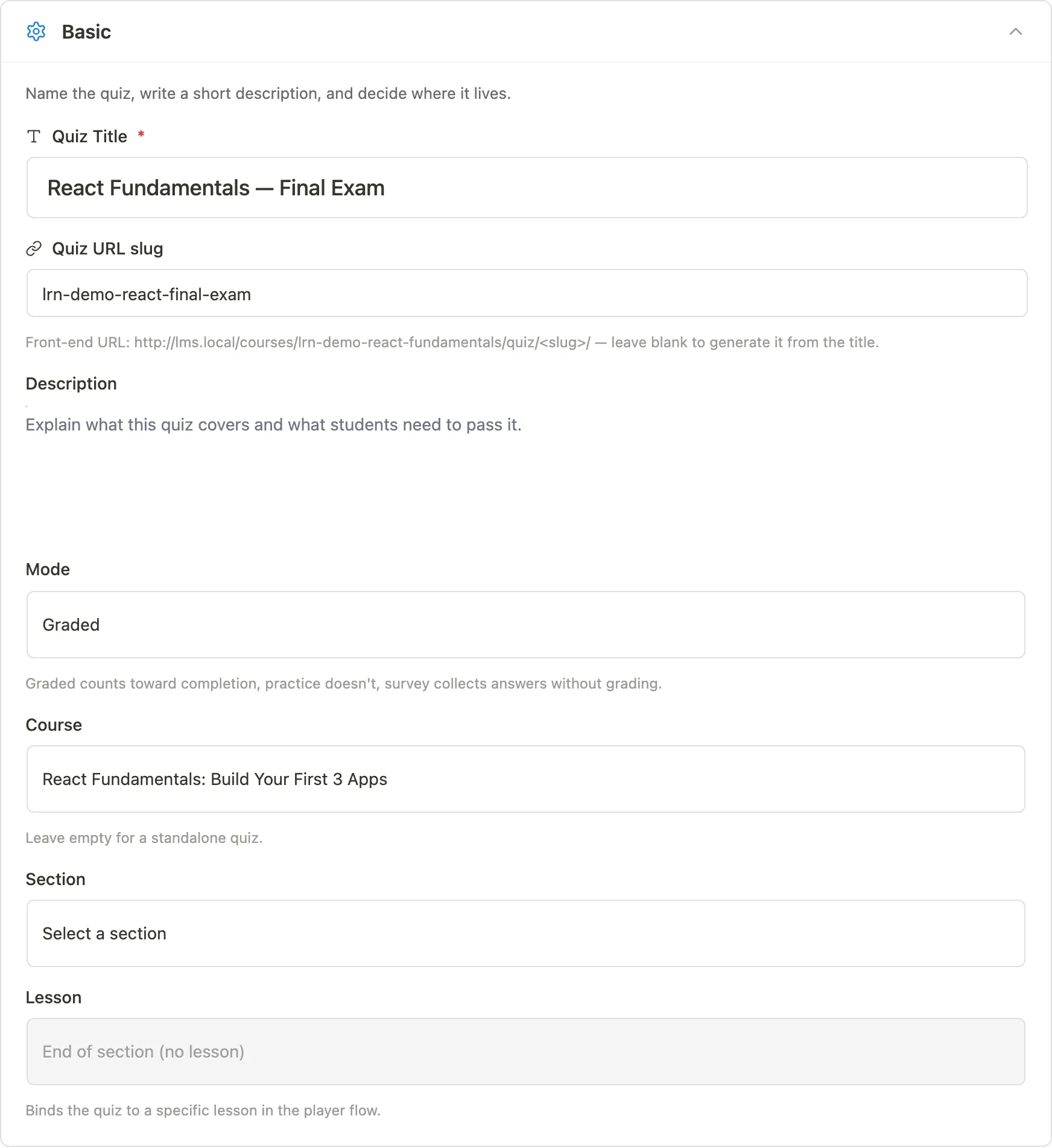 Quiz editor settings