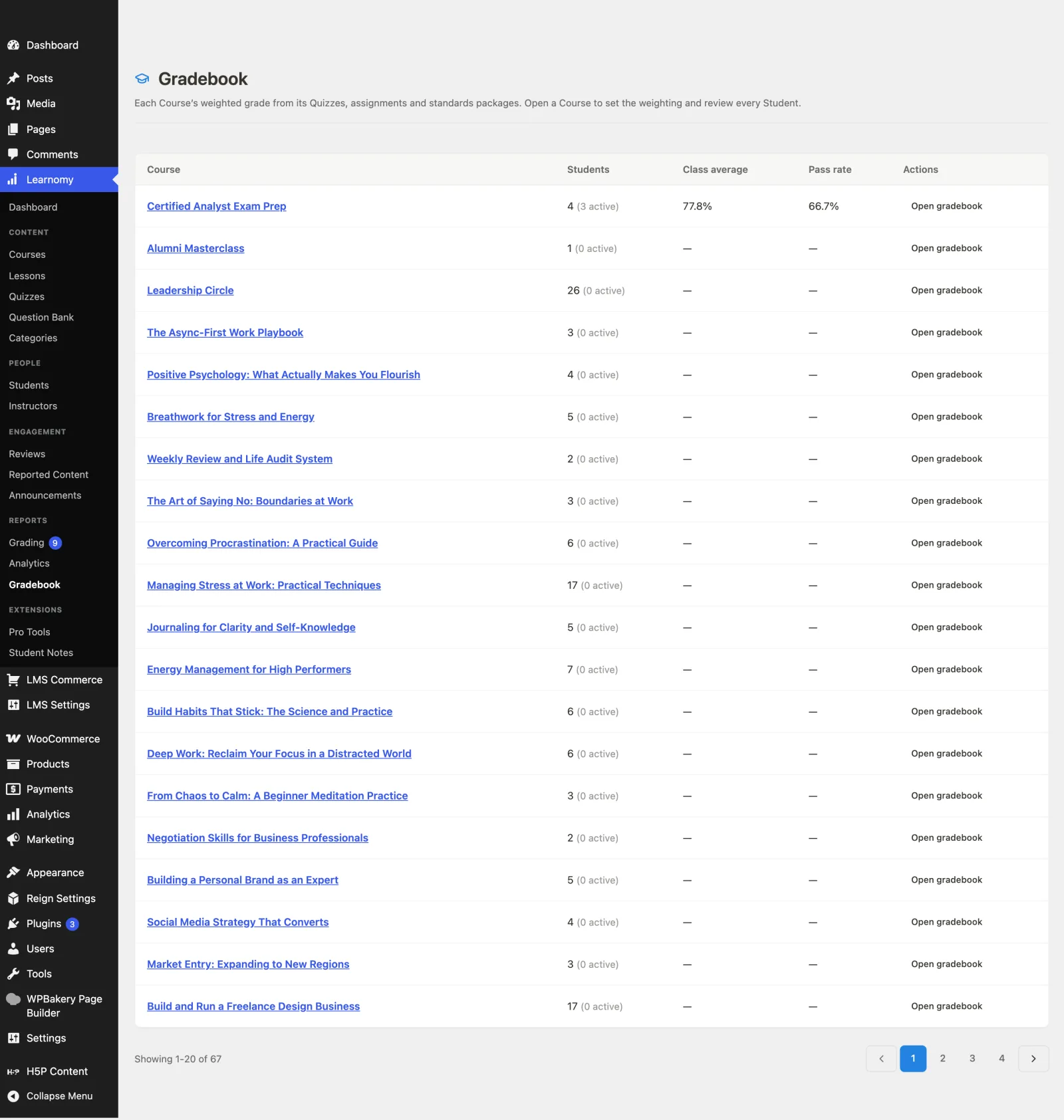 The Gradebook course list