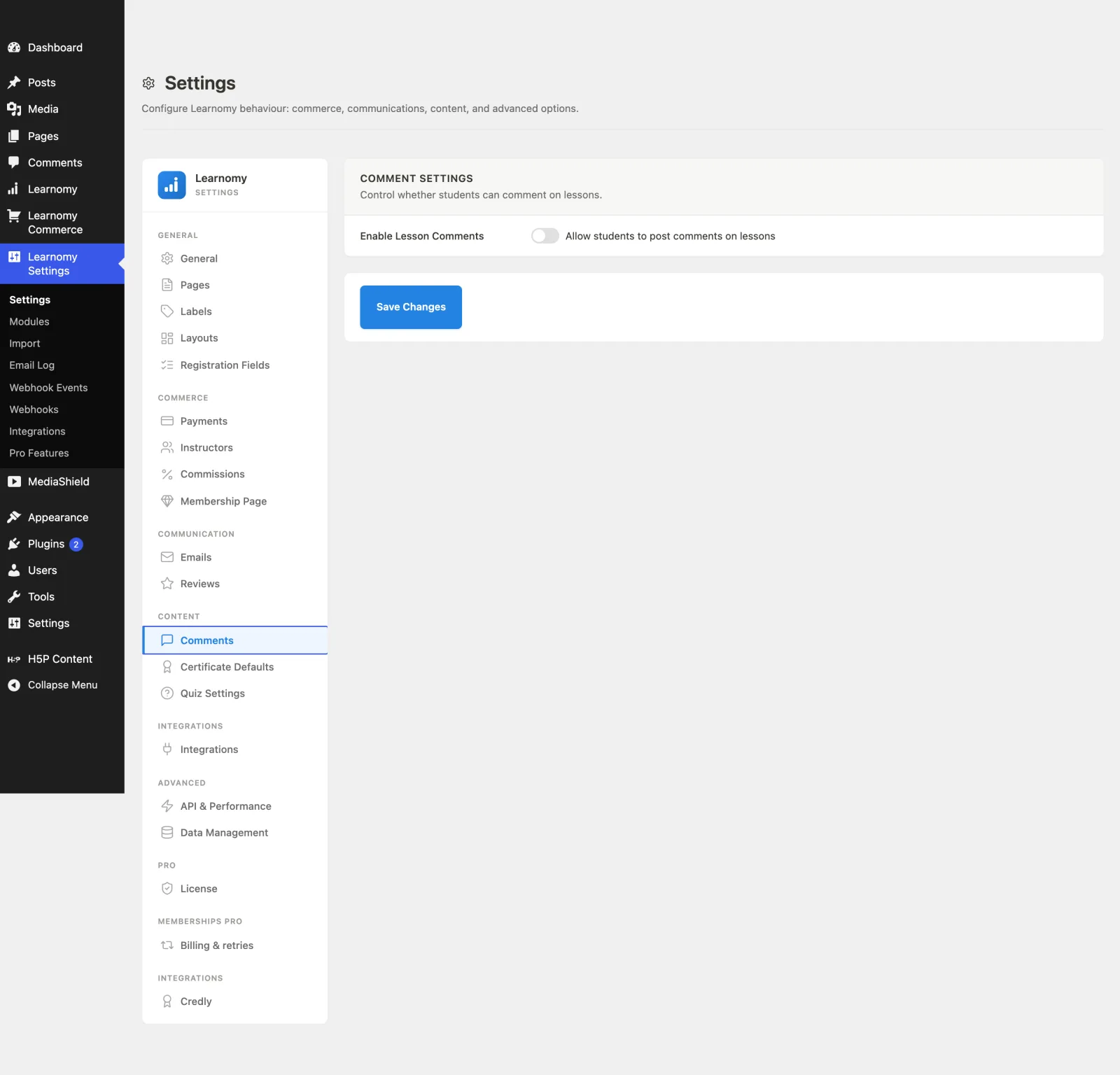 Comment Settings first view