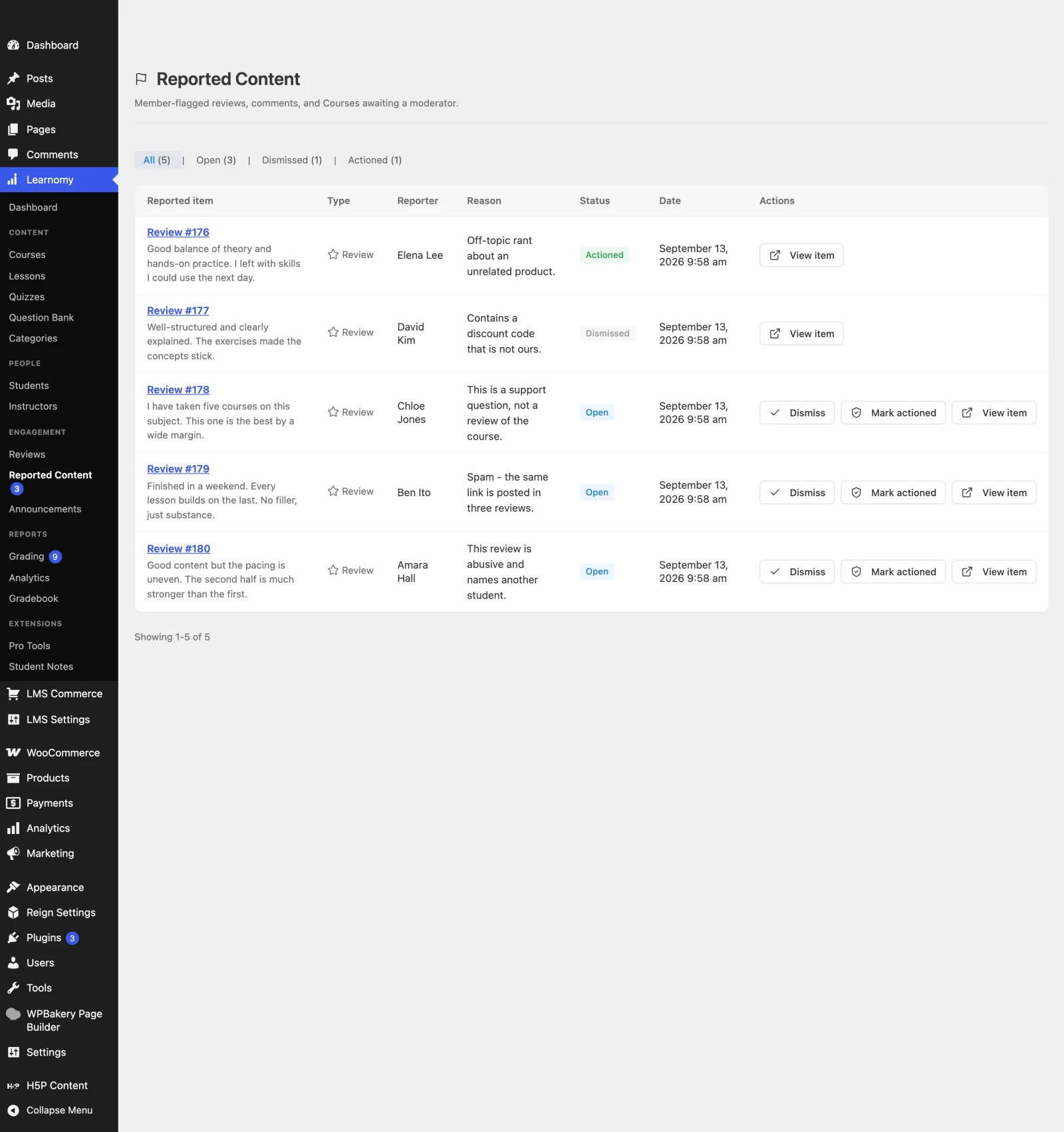 The Reported Content queue with its status tabs
