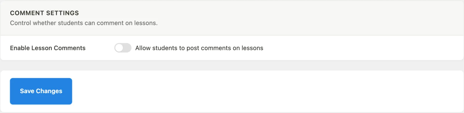 Courses section, including the lesson-comments toggle