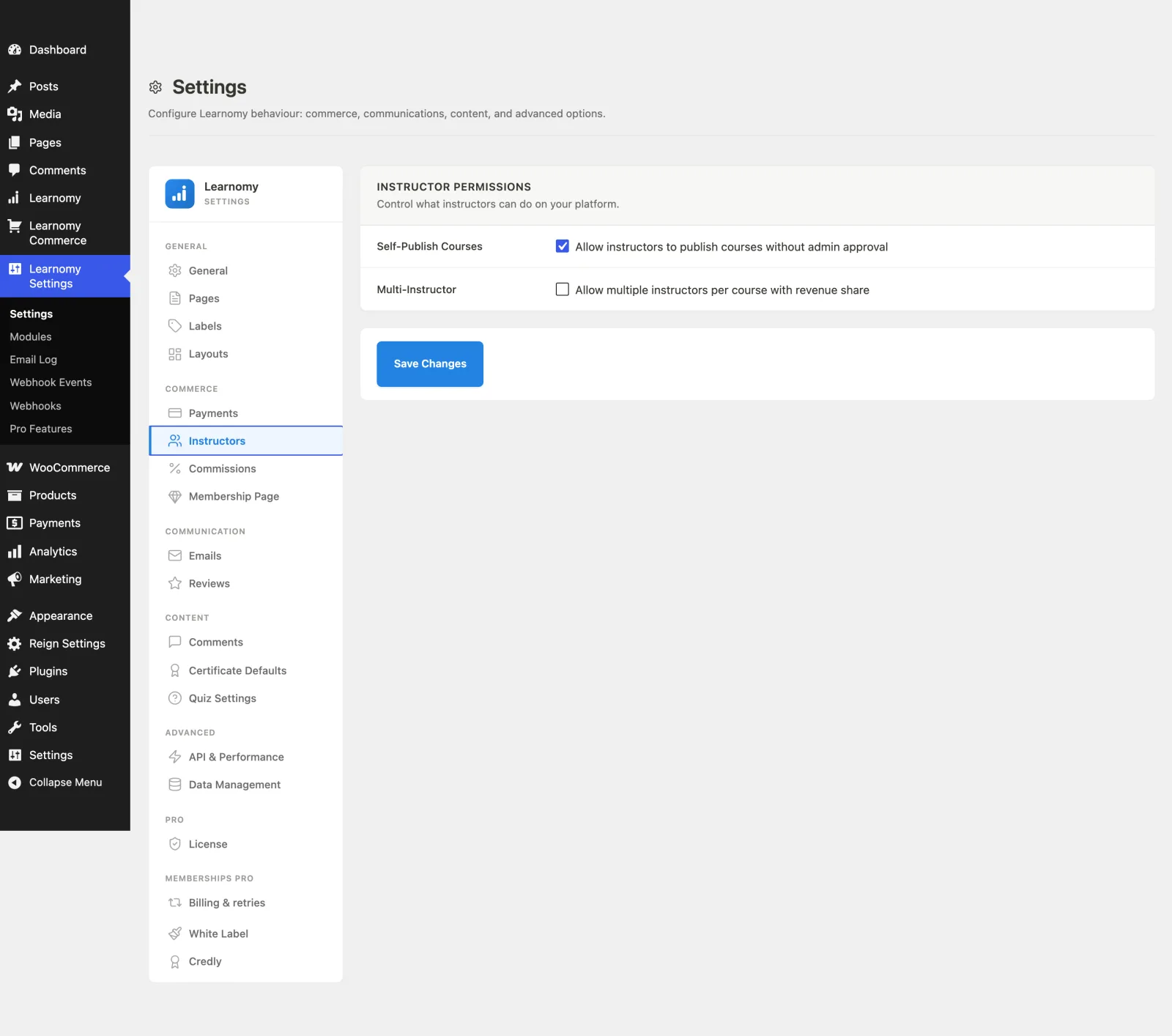 Instructor Permissions settings