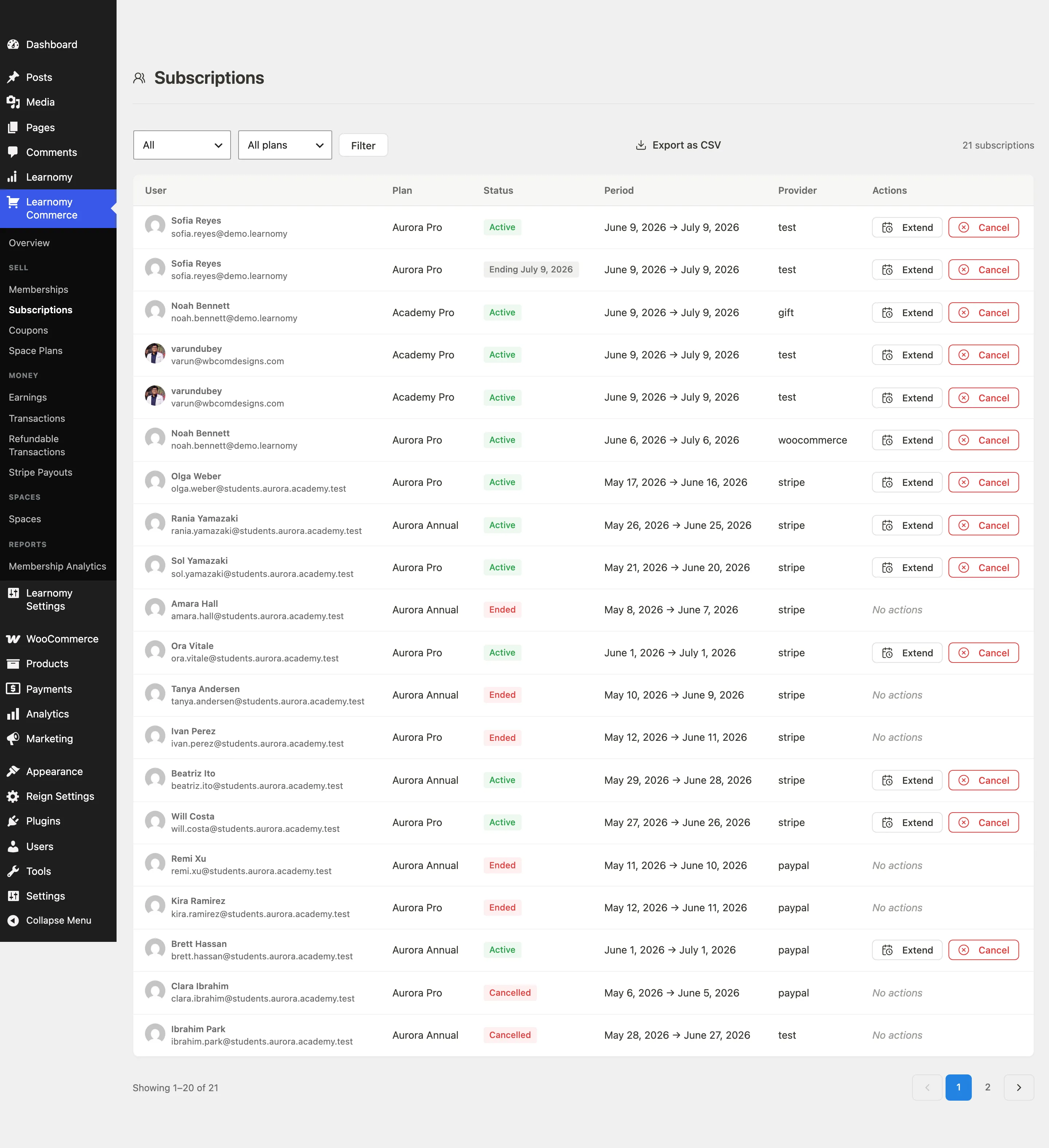 Subscriptions list