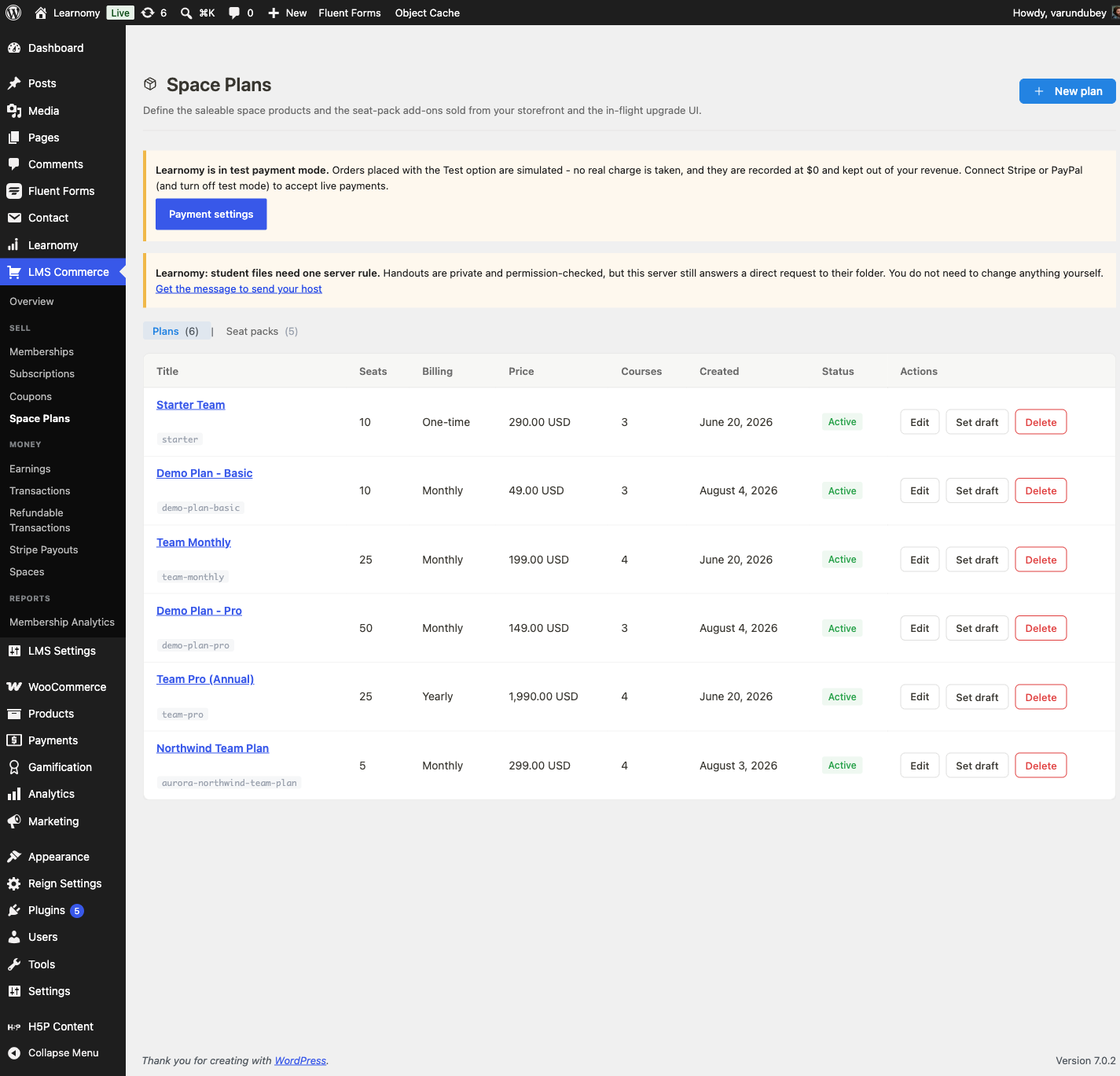 Space Plans admin list, showing the Northwind Team Plan row with its seat count, billing, and price