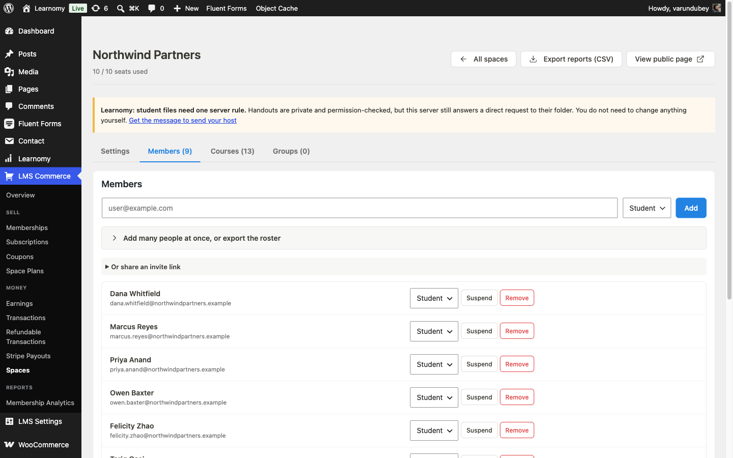 Northwind Partners space detail, Members tab, showing 10 of 10 seats used and the nine-person roster