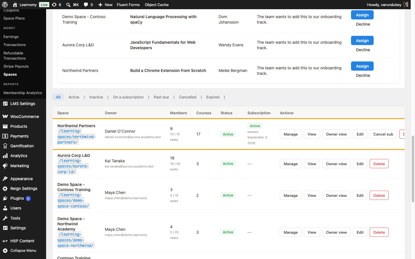 Spaces list, Subscription column, showing Northwind Partners as an active monthly subscription