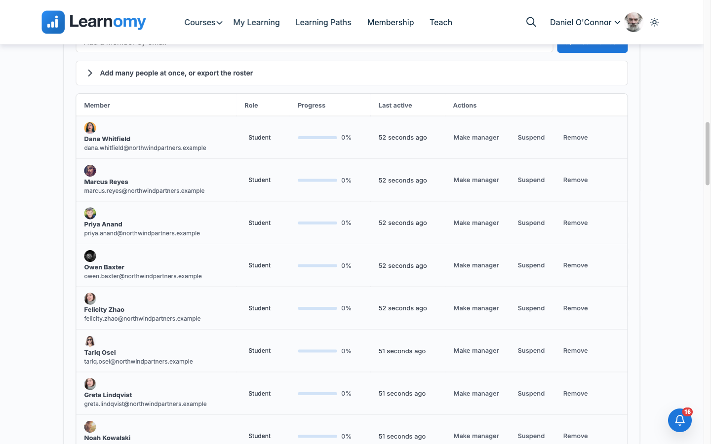 Owner dashboard Members panel, showing the nine-person roster with role, progress, and per-row actions