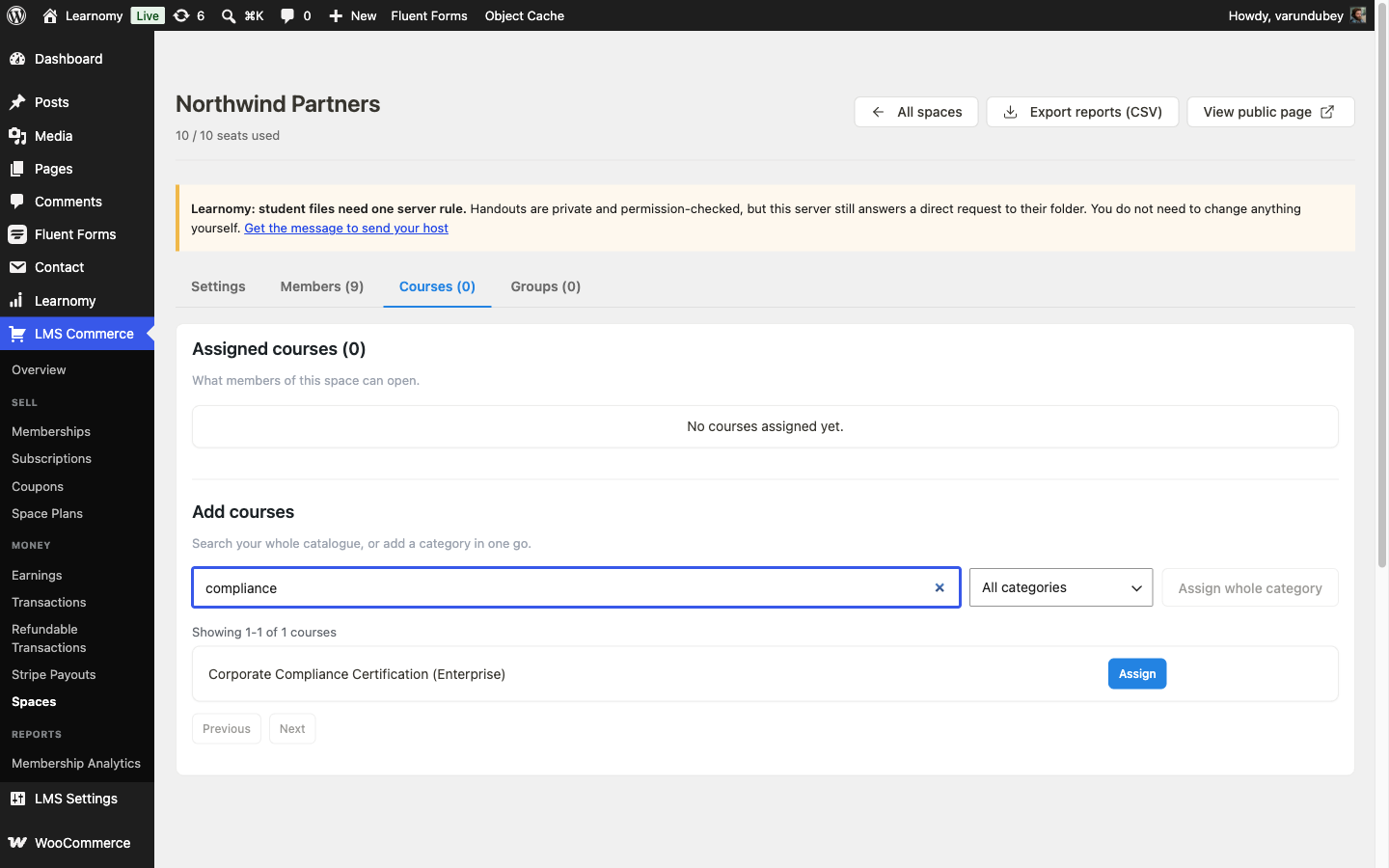 Course search results for "compliance" inside the Add courses panel