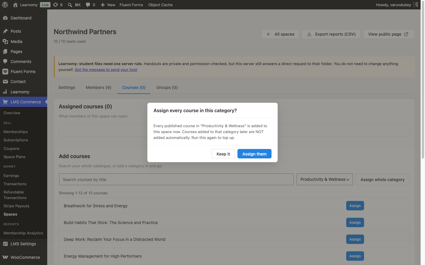 Assign whole category confirmation dialog, showing the one-time-copy caveat for Productivity & Wellness