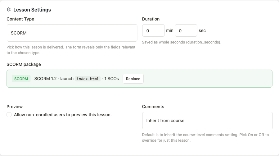 Lesson Settings card with SCORM content type and package summary