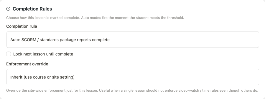 Completion Rules card with Auto: SCORM / standards package reports complete selected