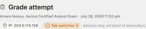 Grade attempt header showing Amara Nwosu, IP, flagged tab switches, and advisory note