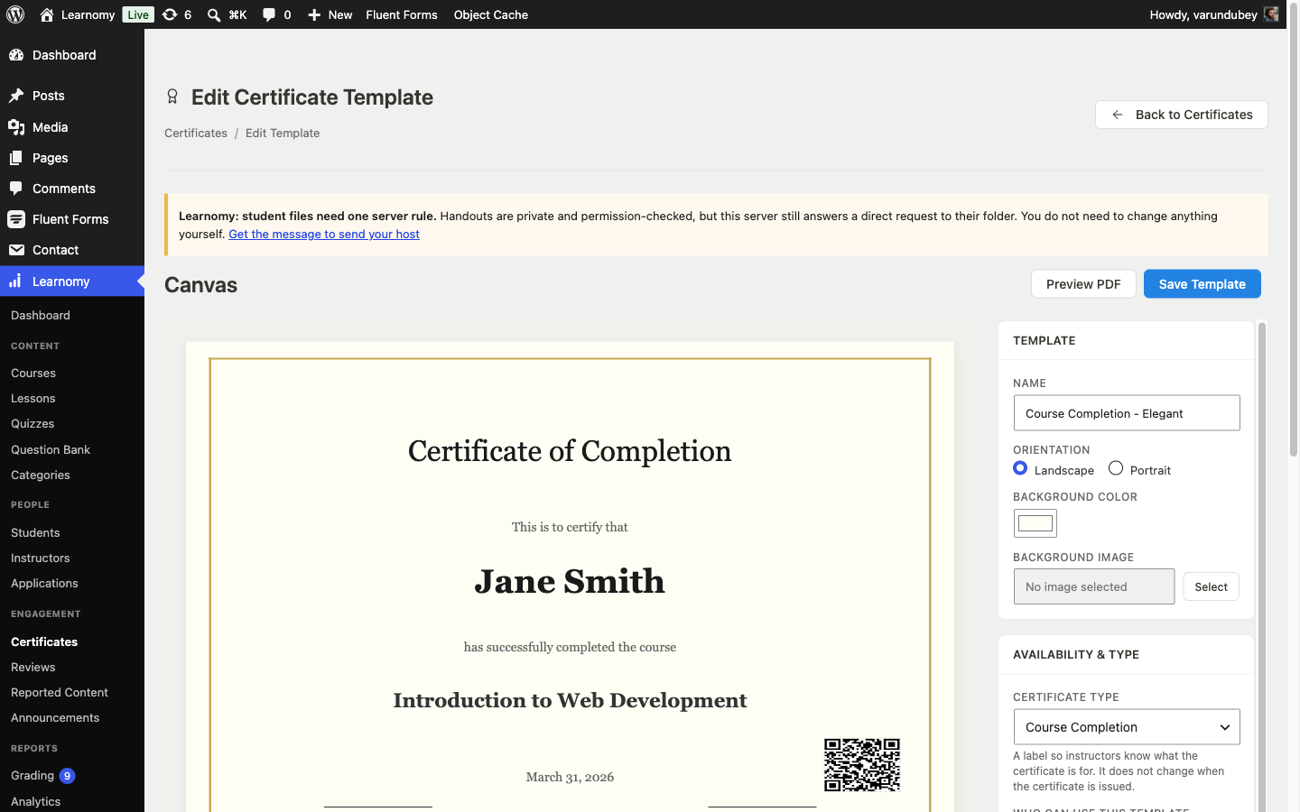 Certificate Designer with the Course Completion - Elegant template, including a QR code element