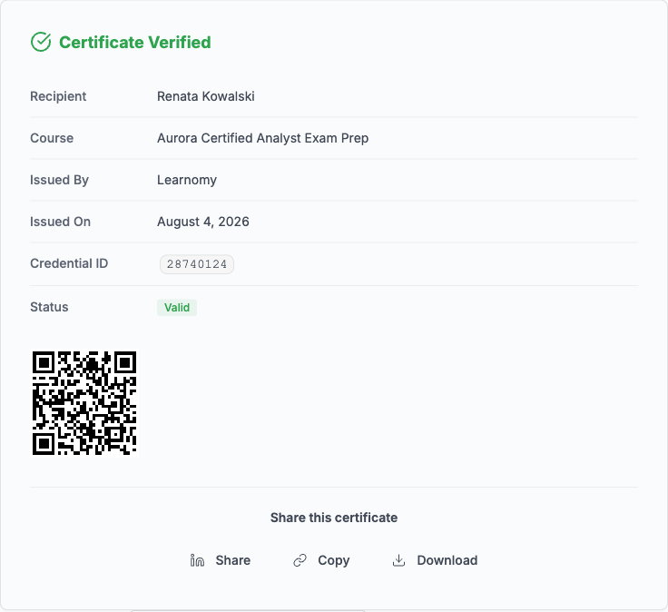 Certificate Verified result block with recipient, course, credential ID, status, and QR