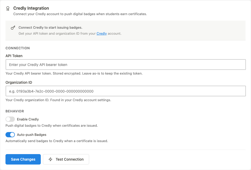 Credly Integration settings card, unconfigured state
