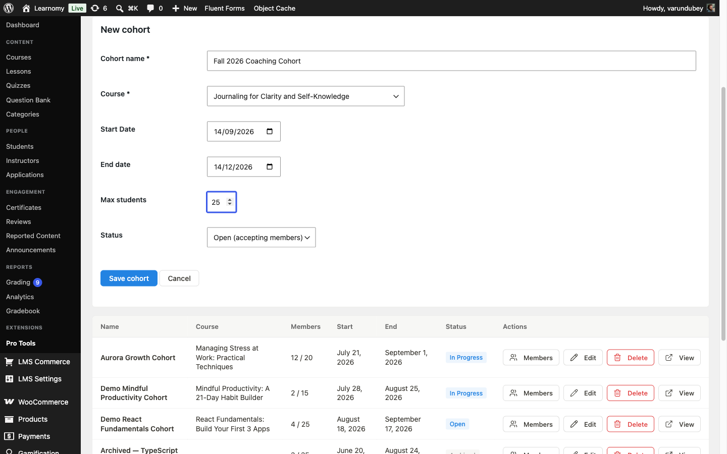 New cohort form filled in with a name, course, start date, end date, max students, and status set to Open, with the existing Aurora Growth Cohort visible in the table below it