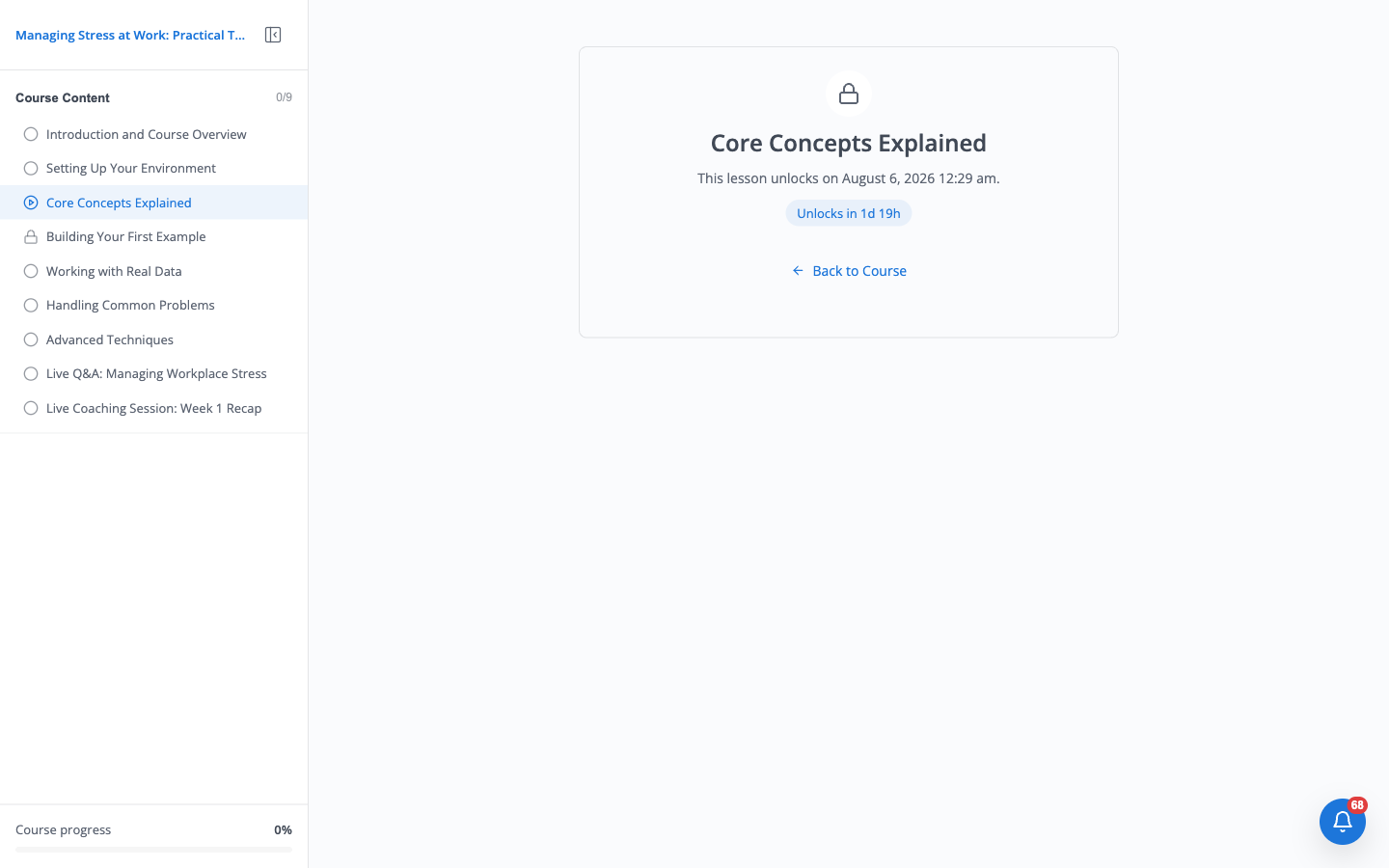 Locked lesson page for Core Concepts Explained showing a lock icon, "This lesson unlocks on August 6, 2026 12:29 am", and an "Unlocks in 1d 19h" badge