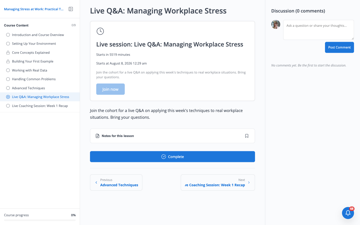 Live lesson page in the pre-session state, showing "Starts in 5519 minutes", "Starts at August 8, 2026 12:29 am", and a disabled Join now button