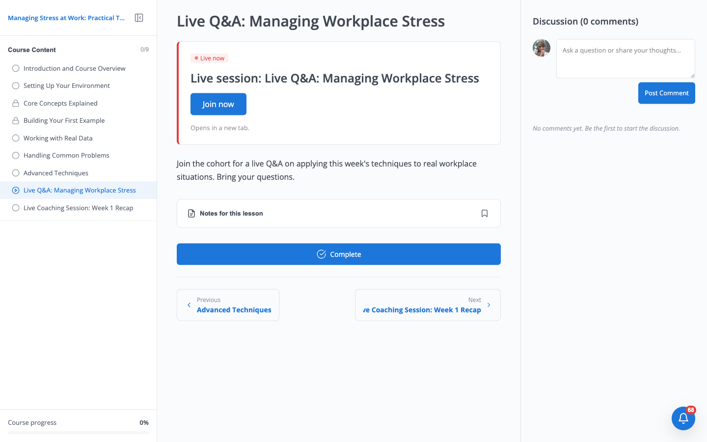 Live lesson page in the live state, showing a red "Live now" badge and an enabled Join now button that opens in a new tab