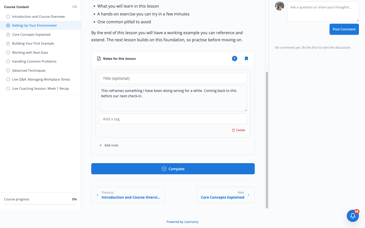Notes panel expanded on the Setting Up Your Environment lesson, showing one saved note, a tag field, an Add note action, and an active blue bookmark toggle